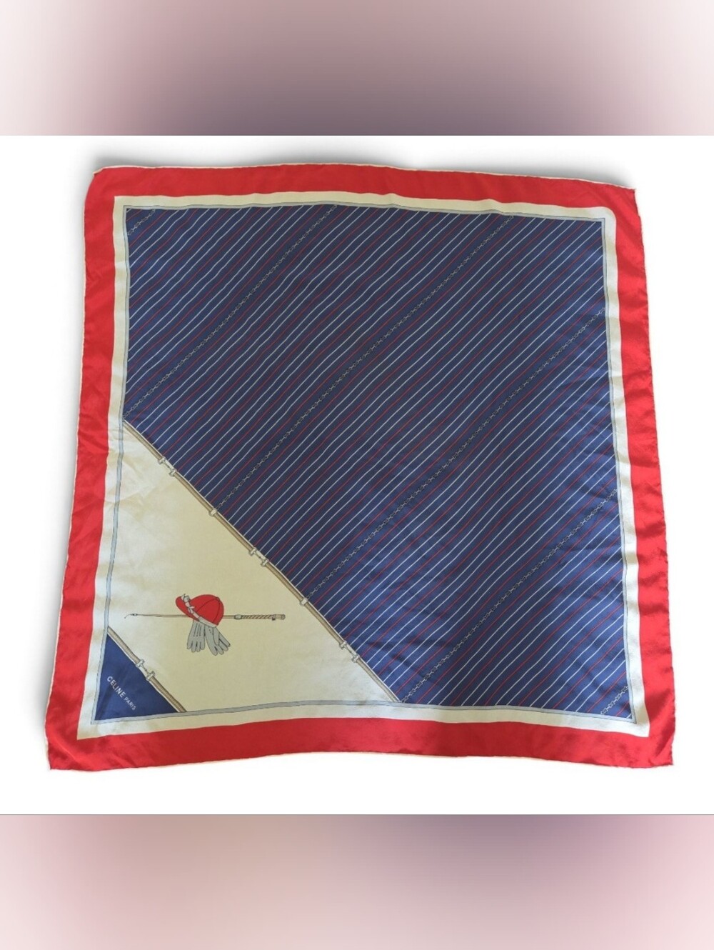 Celine vintage  Navy, Red and Cream Striped Silk Scarf